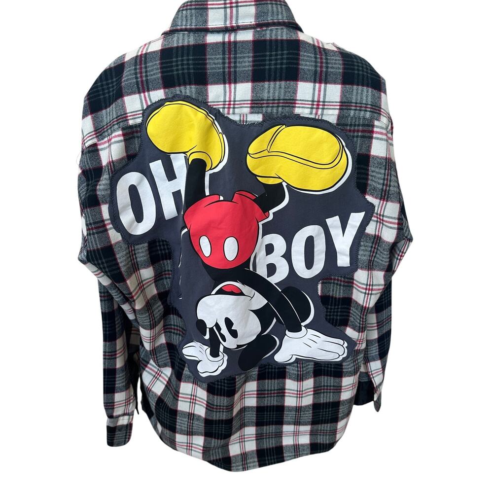 Mickey Mouse Flannel Plaid Shirt LARGE Oversized Unique Upcycled Disney Adult